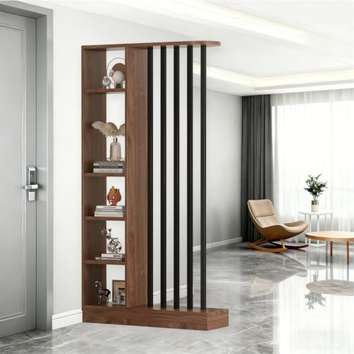 Entrance Hall Partition Screen Column Floor to Ceiling Wall Room Divider with Storage Shelf Entrance Halls Cabinet Privacy Partition Wall Room Divider (Dark Walnut+Black, L32 xW9 xH79)