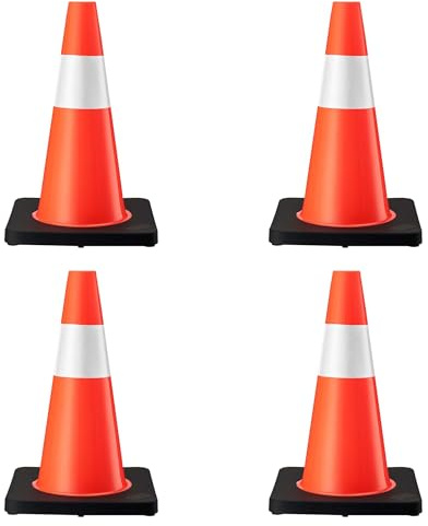 WilTec Cono stradale 45 cm 4 pezzi, cono segnaletico per la messa in sicurezza, pilone riflettente, birillo di segnalazione in PVC resistente e gomma per cantieri edili