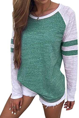 Famulily Women's Long Sleeve Baseball Tee Shirt Crew Neck Colorblock Striped Tops(Green,X-Large)