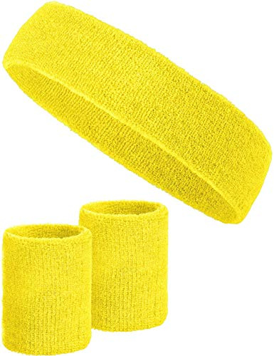 Set de 3 Bandeaux avec 2X Bandeaux pour Les Poignets + 1x Bandeau pour Femmes & Hommes (Jaune)