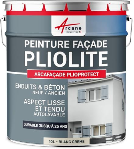 ARCANE INDUSTRIES Peinture façade pliolite pour Mur extérieur, crépi - Peinture Hydrofuge Solvantée - ARCAFACADE PLIOPROTECT - 10 L (+ ou - 80 m² en 1 Couche) Blanc Crème - RAL 9001