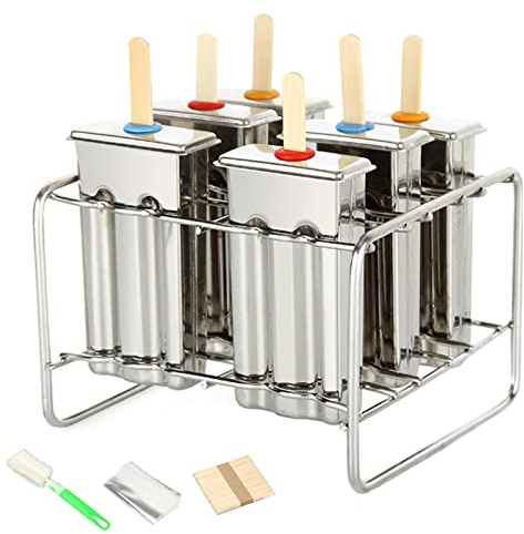 ZPYXBH Molde para Helados De Acero Inoxidable Juego De Moldes para Paletas De Hielo 6 Pcs DIY En Casa con Base De Soporte De Acero Inoxidable, 50 Palitos para Helados Y Cepillo De Limpieza