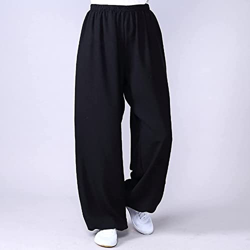 WoCOyo Tai Chi Pants Herren Damen Freizeit Einfarbig Sanft Atmungsaktiv Baumwolle und Leinen Gemütlich Kampfsport Hose Elastische Taille Kordelzug Kung Fu Hose Yoga Laterne Hose,004,L