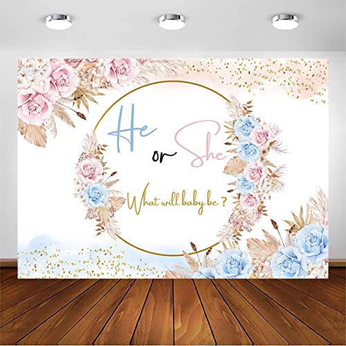 Avezano Boho gender reveal-bakgrund rosa eller blått pampasgräs gender reveal-festdekoration bohemisk han eller hon babyshower fotograferingsbakgrund (2,1 x 1,5 m)