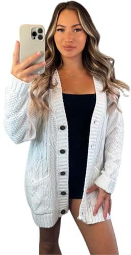 Crazy Fashion Women’s Long Sleeve Grandad Open Front Button Top Chunky Aran Cable Knitted Cardigan Ladies Sweater Winter Jumper White 16-18