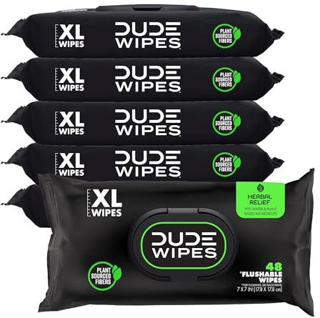 DUDE Wipes Herbal Relief Flushable Wipes - Extra-Large Adult Wet Wipes - 6 Pack (288 Count) - Infused with Soothing Witch Hazel, Geranium Essential Oils, Vitamin E, and Aloe - Septic and Sewer Safe