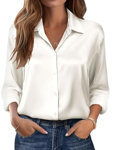 Zeagoo Blusa de Satén para Mujer Camisa Elegante de Manga Larga con Cuello en V Blusas Básicas con Botones Color Sólido Ropa para Oficina Fiesta y Diario Beige M