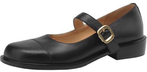 CUTEHEELS Mary Janes en cuir de vachette pour femme avec bout rond et talon épais, Noir , 39 EU