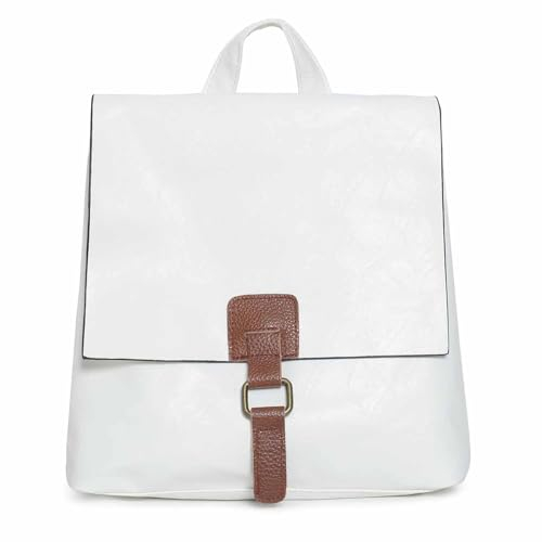 OBC Damen Rucksack Tasche Crossbody Handtasche Messenger Schultertasche Umhängetasche Shopper Vintage Kuriertasche Überschlagtasche Leder Optik Weiß 32x33x10 cm