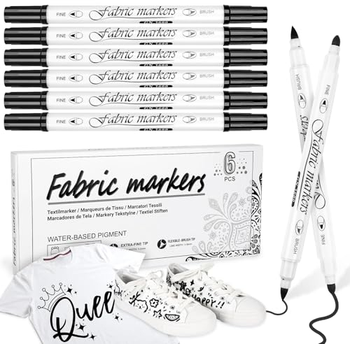 Aocster Textilstifte Waschmaschinenfest Schwarz, 6 Stück Textilmarker Waschmaschinenfest Schwarz, 1-5mm Dual Tip textilfarbe Permanent, Ungiftige Stoffmalstifte für T-Shirt Stoffbeutel Schuhe