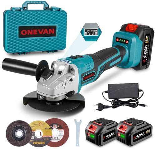 ONEVAN Akku Winkelschleifer mit Digitalanzeige, 125MM kabellos Winkelschleifer mit drehzahlregelung 3-Gang, Bürstenloser Winkelschleifer zum Schleifen, Schneiden, Polieren, mit 2 4000mAh Akkus