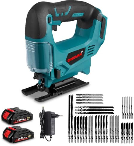 ONEVAN Akku Stichsäge mit Akkus 2 2000mAh, Elektro-Stichsägen Jigsaw 45° Fasenschneiden mit 4 Orbitaleinstellungen, mit 35-teiliges Sägeblättern für Holz, PVC, Metall
