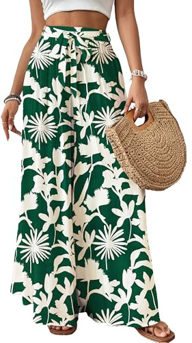 Bsubseach Pantalones de pierna ancha para mujer, pantalones palazzo florales fluidos para mujer, cintura alta, pantalones casuales de verano, trajes de crucero, Verde, XXL