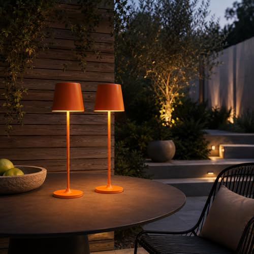 Lightbox set om 2 LED-bordslampor för inomhus- och utomhusbruk | 37 cm/23 cm höjd, Ø 10 cm | matt orange utomhusbordslampor med touch-dimmer | mobil/trådlös/bärbar | kan laddas via USB/batteri | 310