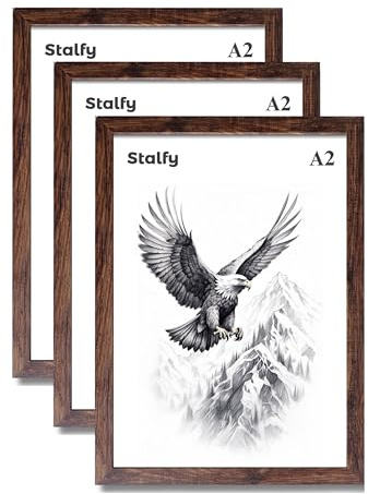 Svart träeffekt A2 fotoramar (59,4 x 42 cm), 3 cm bred affischram av premiumkvalitet levereras med en dubbelsidig skyddsfilm för plexiglas (A2 brun – 3-pack)