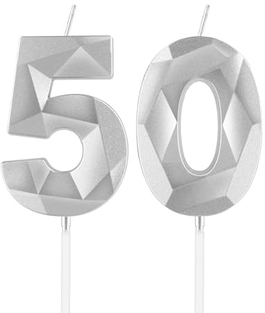 mciskin Silver 50th Birthday Candles, 50th Birthday Decorations for Women Men,3D Number 50 Candles for Cake,Silver Candle Cake Topper Decorations for Birthday Party Weddings Anniversary Supplies