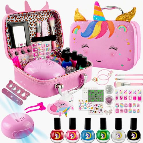 Kids Washable Makeup Kit& Nail Polish Kit for Girl, Kids Play Makeup Set Nail Art Princess Make Up Pretend Play Christmas Birthday Gift for Girls 3 4 5 6 7 8 9 10 11 12 Year Old