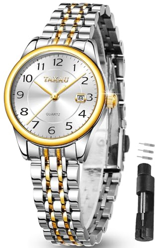 Taxau Damenuhr Silber Gold Edelstahl wasserdichte Damenuhr Bicolor Luxus Mit Datum Klassisch Damenuhren GüNstig Analog Elegante Uhr Damen Silber Frauen Uhren Quarz White Womens Watch