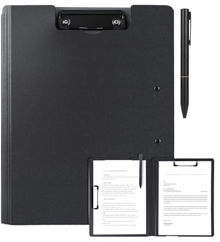 Klemmbrett A4 mit Deckel, Kunststoff klemmmappe A4 mit 2 Klemmen, Clipboard Leichtes Schreibbrett mit Stift für Büros, Baustellen, Schulen, Folder (Schwarz)