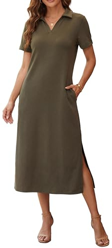 GRECERELLE Damklänning, elegant sommar som poloklänning, maxiklänning, ankellång med fickor, perfekt kontorsklänning för kontor och fritid, lättskött tyg, Armégrön, M