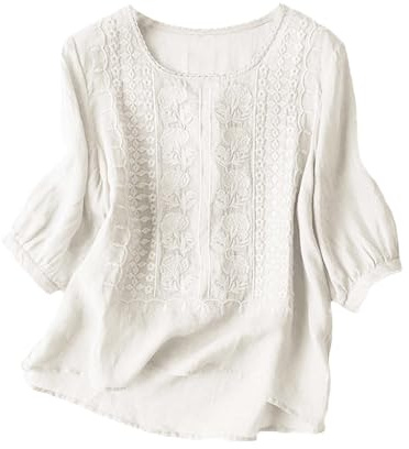Linnetoppar för kvinnor sommar vit – broderade boho-toppar för kvinnor – sommartopp kortärmade enfärgade skjortor överdimensionerad sommartopp lätt linneblusar vintage linneskjorta