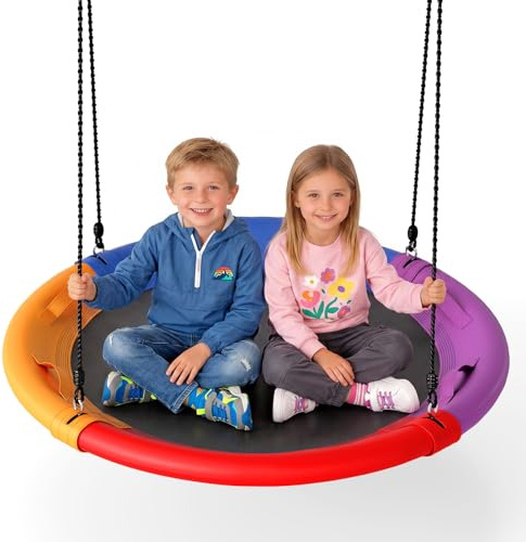COSTWAY Columpio Nido de 120 cm, Columpio de Platillo Redondo con Reposacabezas, Altura Ajustable, 4 Asas, Interior y Exterior, Soporte hasta 150 kg, Apto para 3+ Años, Colorido