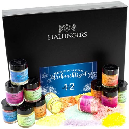 Hallingers Besinnliche Weihnachtszeit - Weihnachtliches 12er Badesalz-Geschenk-Set mit Totes Meer-Salzen als Geschenk zur Weihnacht (Set) - Geschenkideen Weihnachten & Geschenke Adventskalender | Gebu