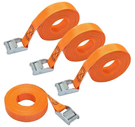 Amazon Basics Spanngurt, 6 m lang, 25 mm breit, Belastbarkeit 150 kg, entspricht DIN EN 12195-2, 4 stück, 1er-Pack, Orange
