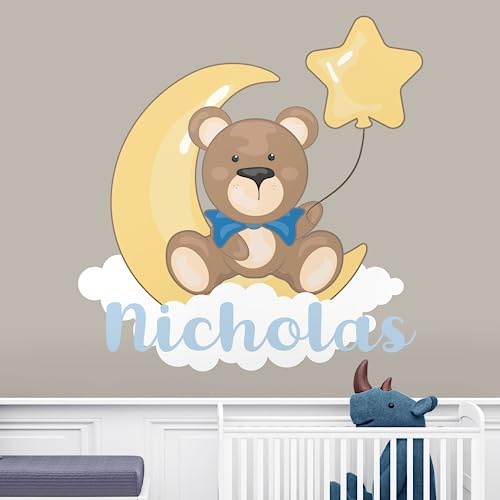 EGD Bear Wall Stickers with Stars and Clouds for Baby Girl or Boy I Custom Name for Nursery Wall Decor I Wall Decal for Child Room Decorations I Multiple Sizes and Color Options