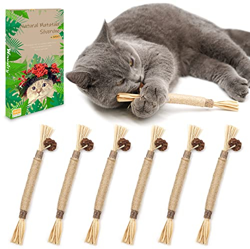 flowerstarry 6 Packs Natural Matatabi Silvervine Chew Sticks, Natural Cat Teeth Nip Cleaning Catnip Toys for Indoor Kitten Teething and Stress