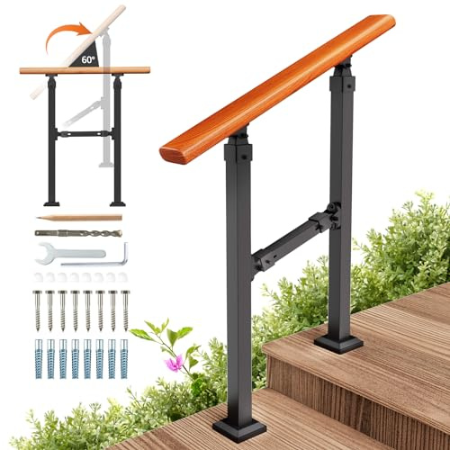 UOKRR Metal Handrail Wood Grain for Elderly, 2 Step Hand Rails for Outdoor Steps, Outdoor Indoor Stair Handrails Kit, Porch Hand Rails for Concrete Steps