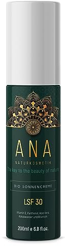 ANA Naturkosmetik Sonnenschutz-Lotion LFS 30, einzigartige, feuchtigkeitsspendende Sonnencreme auf der Basis von Aloe Vera Direktsaft u. Jojobaöl, organischem UV-Filter Komplex 200ml - Made in Germany