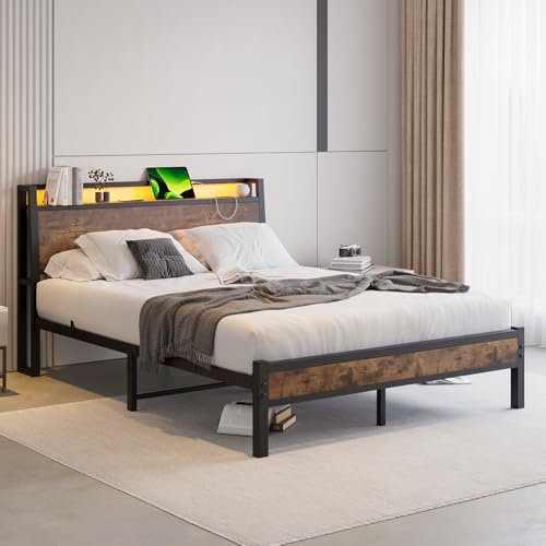 JELUTE King Size Bed Frame with Charging Station and LED Lights, Wood Headboard with Storage Shelves, Heavy Duty Metal Slats, No Box Spring Needed, Noise Free, Easy Assembly,Black