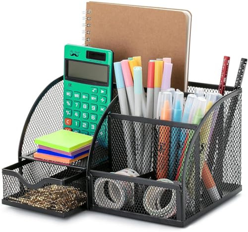 Mesh-Metall Büro Stifte Organizer, Platzsparendes Schreibtischzubehör & Ablage, Schreibtischorganizer mit 6 Fächern und 1 Schiebeschublade, Schwarz Stiftehalter für Hefter, Ordnerklammern, Haftnotizen