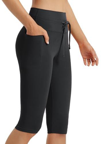 baleaf Women's Drawstring 14 Capri Leggings with Pockets Knee Length High Waisted Capris Shorts Black M