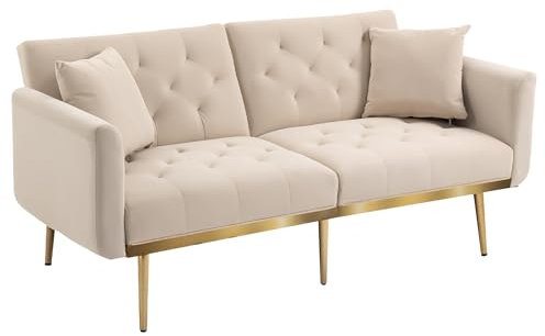 Zenithpath Sofa 2 Sitzer 162x80x78cm, Schlafsofa für Kleines Wohnzimmer, Couch mit Verstellbarer Rückenlehne, Bequemes Sofa mit Metallbeinen/2 Kissen, Bezug aus Samt, Beige