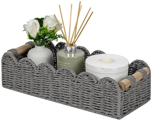 CubesLand Scalloped Edge Toilet Paper Storage Basket, Living Room Home Cozy Decor Basket, Paper Rope Small Baskets for Over Toilet Storage Shelf, End Table, Shelves, with 2 Wooden Handles, Grey