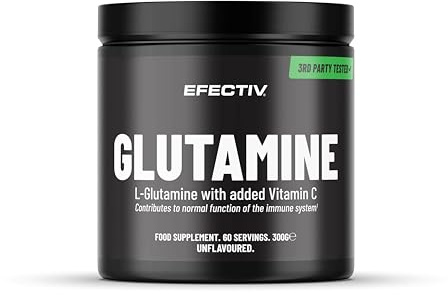 EFECTIV Glutamine Powder, l-Glutamine Amino Acid Powder, Vitamin C Food Supplement, Pre and Post Workout Shake, Unflavoured, 60 Servings, 300g