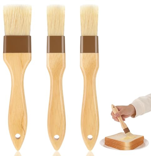 TIESOME 3 pinceles para hornear, 3/4,5 cm, cepillo de cocina con mango de madera, cerdas naturales, para hornear, para aceite, mantequilla, barbacoa, resistente al calor, para pastelería, barbacoa