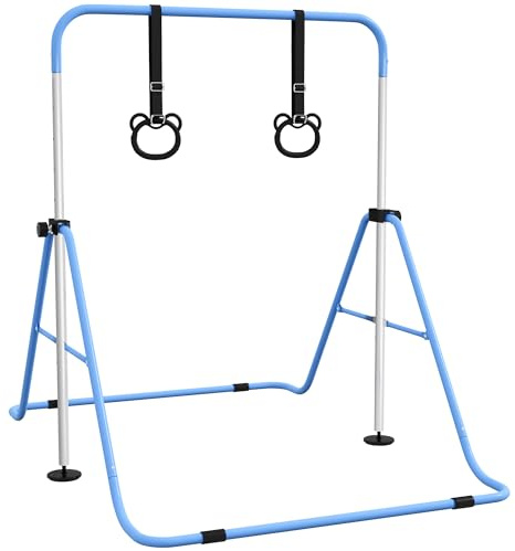 HOMCOM Barra de Gimnasia para Niños con Altura Ajustable en 5 Niveles y Anillos, Barra de Entrenamiento de Gimnasia Plegable en Casa, Azul