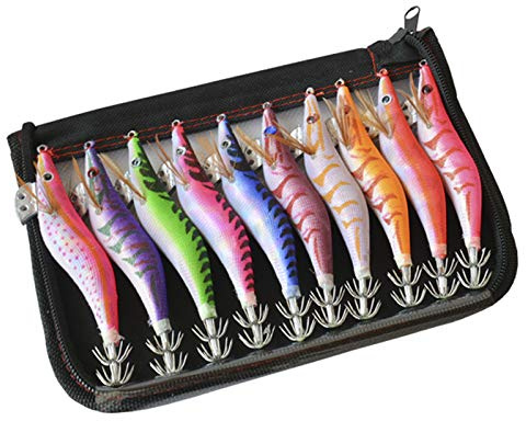 TOPIND - Set di esche da pesca per calamari, 10 pezzi, con coda luminosa, in legno, esche da pesca con borsa (#3,0-12 cm)