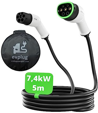 evplug Câble de Recharge pour Voitures électriques EV (Type 2 - Type 2 | 5m, 7,4kW | 32A)