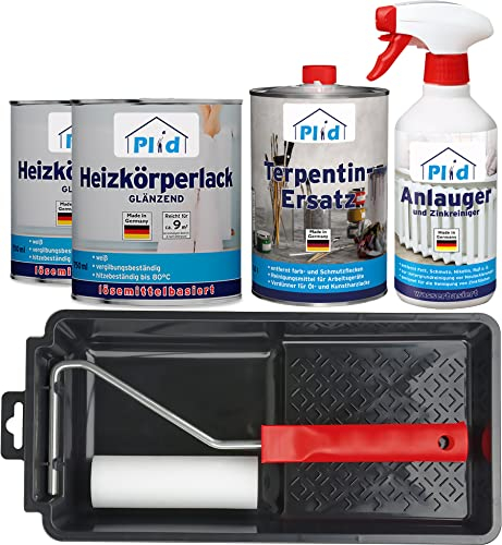 Plid® Heizkörperlack lösemittelhaltig Thermolack Metalllack Heizkörperfarbe Lack Farbe für heizkörperverkleidung schnelltrocknend 2in1 hitzebeständig 80° Glänzend Weiß Terpentin 1,5l - Premium Set
