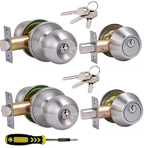 Lanwandeng 2 Sets All Keyed Same Entry Door Knob and Single Cylinder Deadbolt Combo Set, Round Ball Satin Nickel Exterior Door Knobs with Lock and Keys for Entrance and Front Door