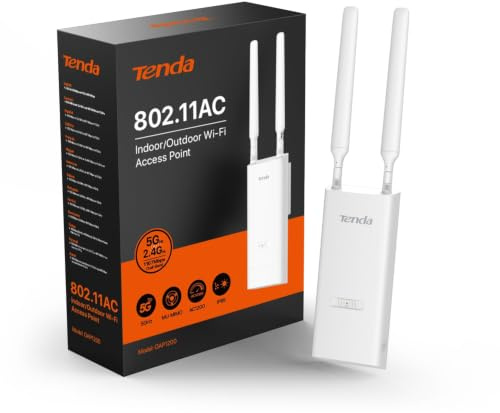 Tenda OAP1200 AC1200 Punto de Acceso Inalámbrico Gigabit para Exteriores, Doble Banda, Soporta PoE 802.3at/PoE Pasivo, Montaje en Pared/Poste, IP65 Resistente al Agua, MU-MIMO, Modos Ap/Repetidor