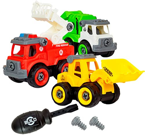 Power Gearz Take Apart Toy with Screwdriver and Screws- 3 Pack Truck Set for Boys and Girls- Fire Truck, Construction Garbage Trucks- Vehicle Set - Building Toys for Kids Ages 3-5