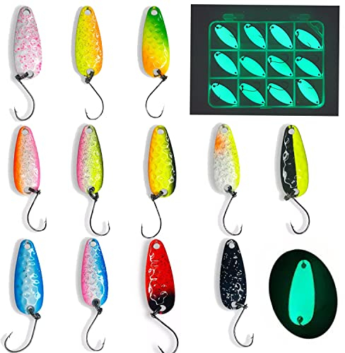 Njord Kalastus Glow Spoon Set | Leuchtende und UV Aktive Forellen Spoon Set 12 Stück+Box | Extreme Leuchtkraft durch Speziallack | Forellen Köder Set | Spoons Forelle