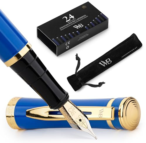 Wordsworth & Black Füllfederhalter-Set, 18K Vergoldete mittlere Feder, inkl. 24er Pack Tintenpatronen, Nachfüllkonverter & Geschenketui, Gold Finish, [Imperial Blau], Perfekt für Männer & Frauen