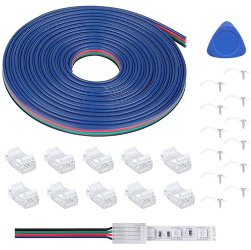4PIN LED Light Strip förlängningskabel, lödfritt LED Strip Connector Kit med 5M förlängningskabel & 10Pcs kontakter för 22AWG 10mm bred 5050 RGB LED Strip Lights