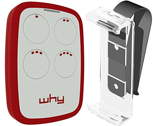 WHY EVO Telecomando rolling code multifrequenza da 280 a 868 mhz con Visor Clip, apricancello autoapprendente programmabile, radiocomando ad ampio raggio con 4 pulsanti, rosso Red Granade